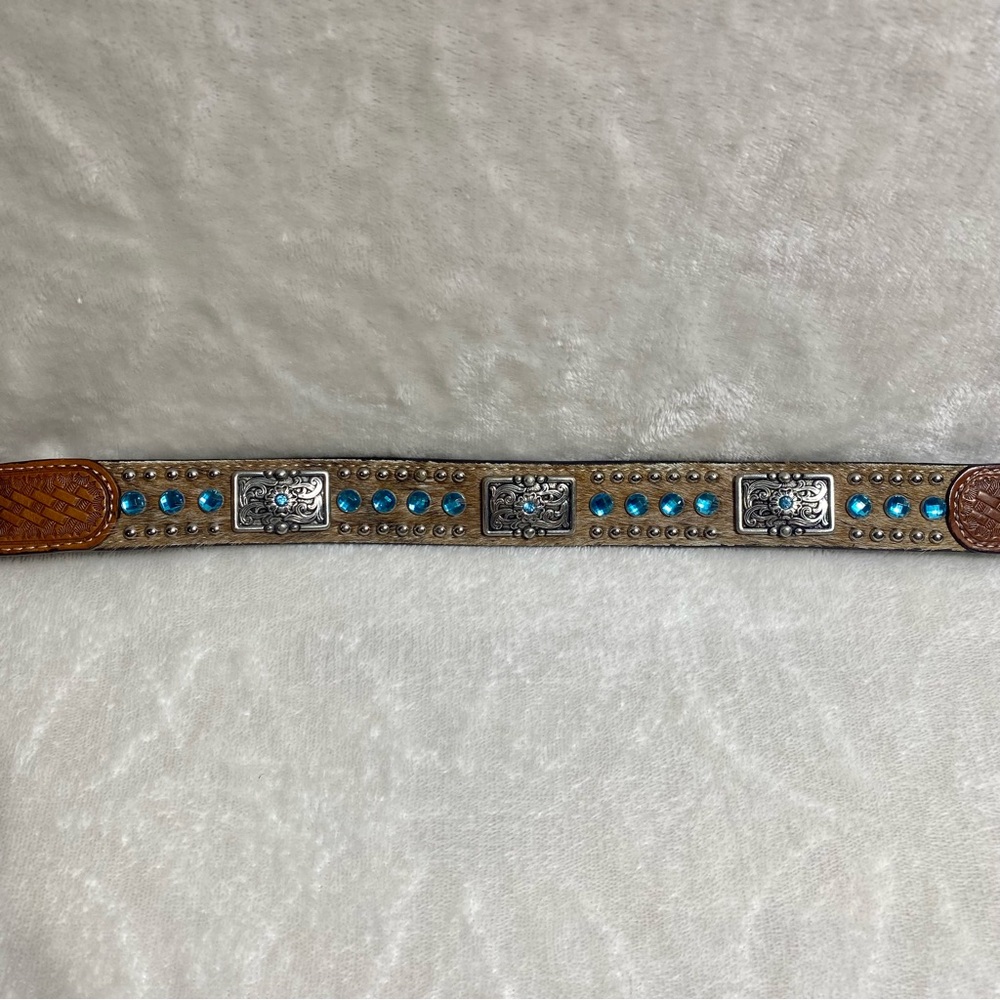 NOCONA Kids Leather Calf-hair Belt Blue Rhinestones Brown Western Cowboy - Picture 4 of 11